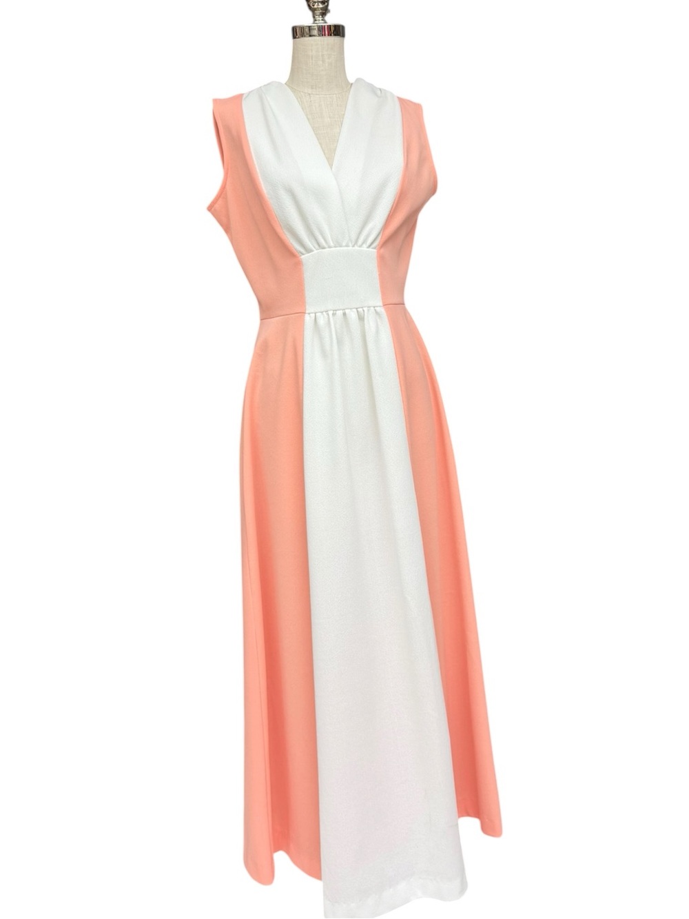 Vintage 70s Peach White Colorblock Hostess Maxi Dress Mod M/L VNeck Empire Waist - Picture 10 of 11